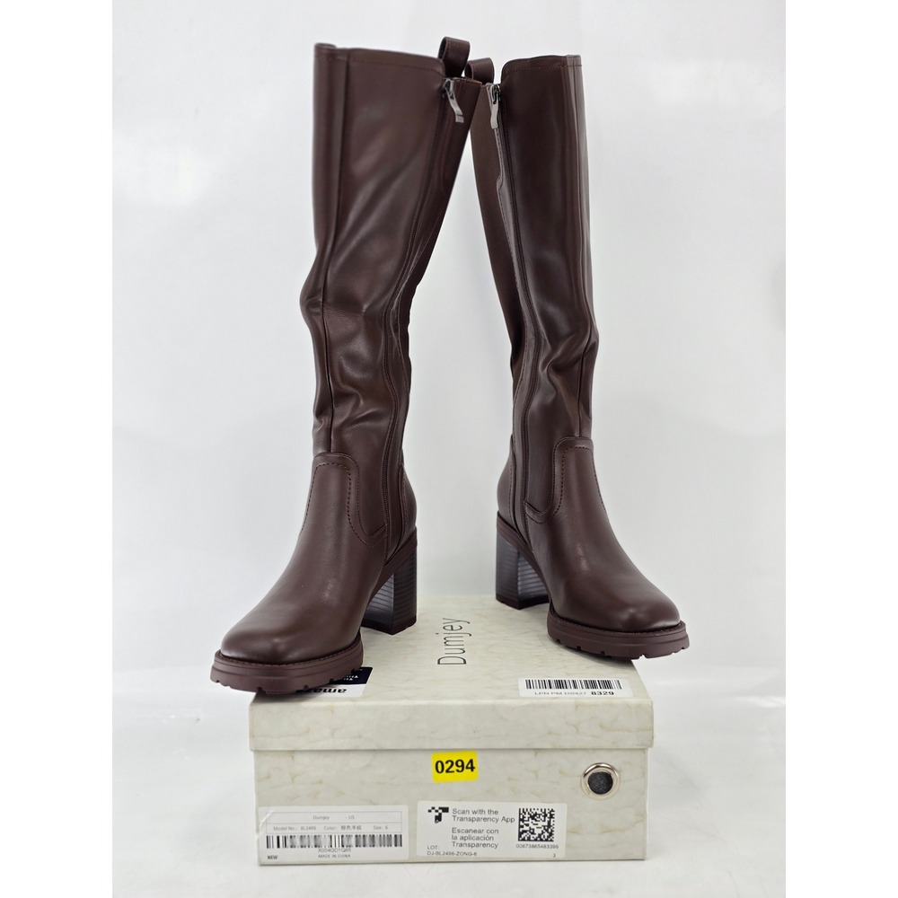 Dumjey Knee High Boots Womens Size 6 Brown Chunky Block Heel Zip BL2496 - New